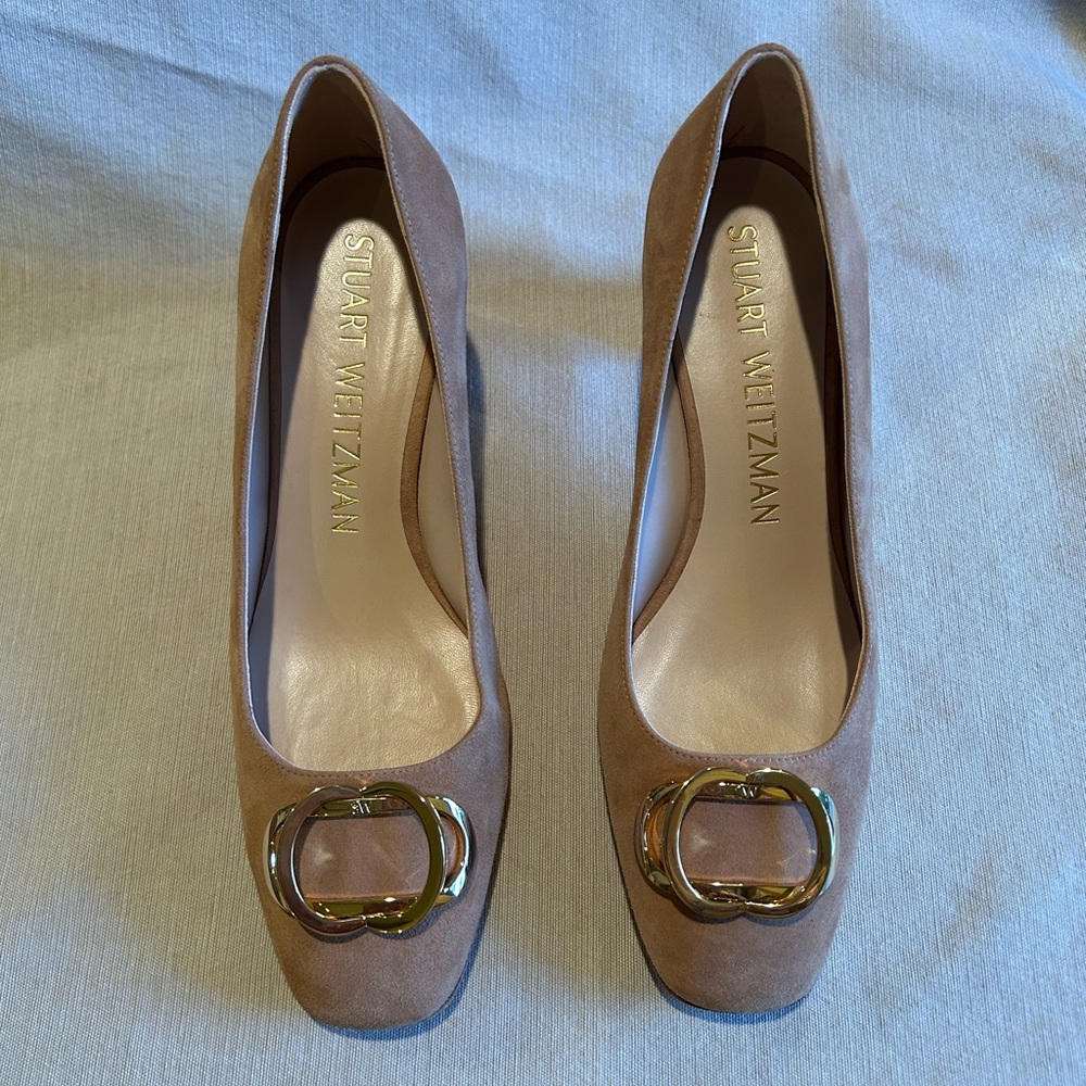 Stuart Weitzman Tan Suede Heels with Gold Accent